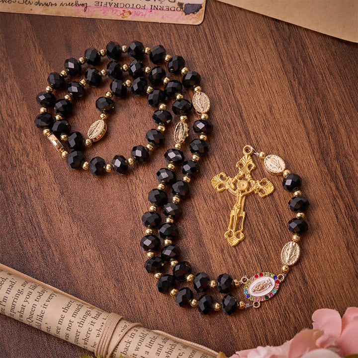 Christianartworkshop Rosario de lujo de cristal negro facetado con crucifijo dorado ornamentado y medalla de Nuestra Señora. - image 2