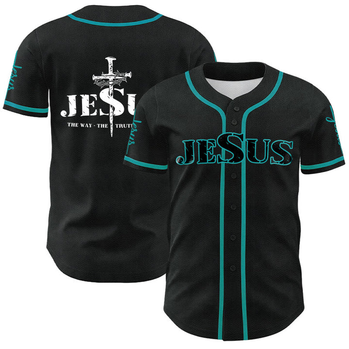 Camiseta de béisbol con la cruz de Jesús, clavos y corona de espinas de Christianartworkshop - Jesús negro - Azul del lago - 5XL - image 17