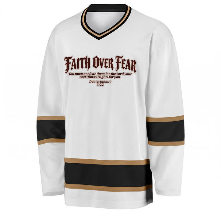 Christianartworkshop Camiseta de hockey de manga larga con ribete dorado "Fe sobre el miedo" - image 1