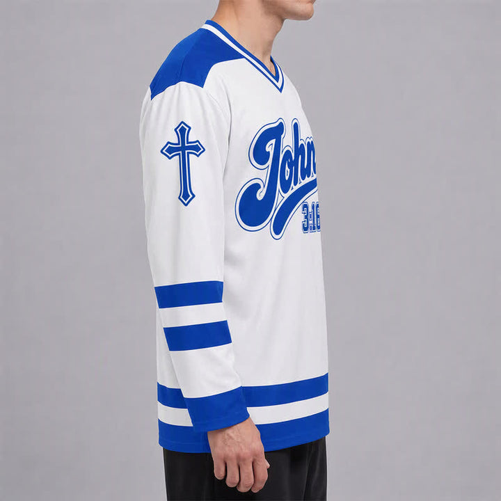 Christianartworkshop Juan 3:16 Salvación Camiseta de hockey de manga larga azul marino - image 6