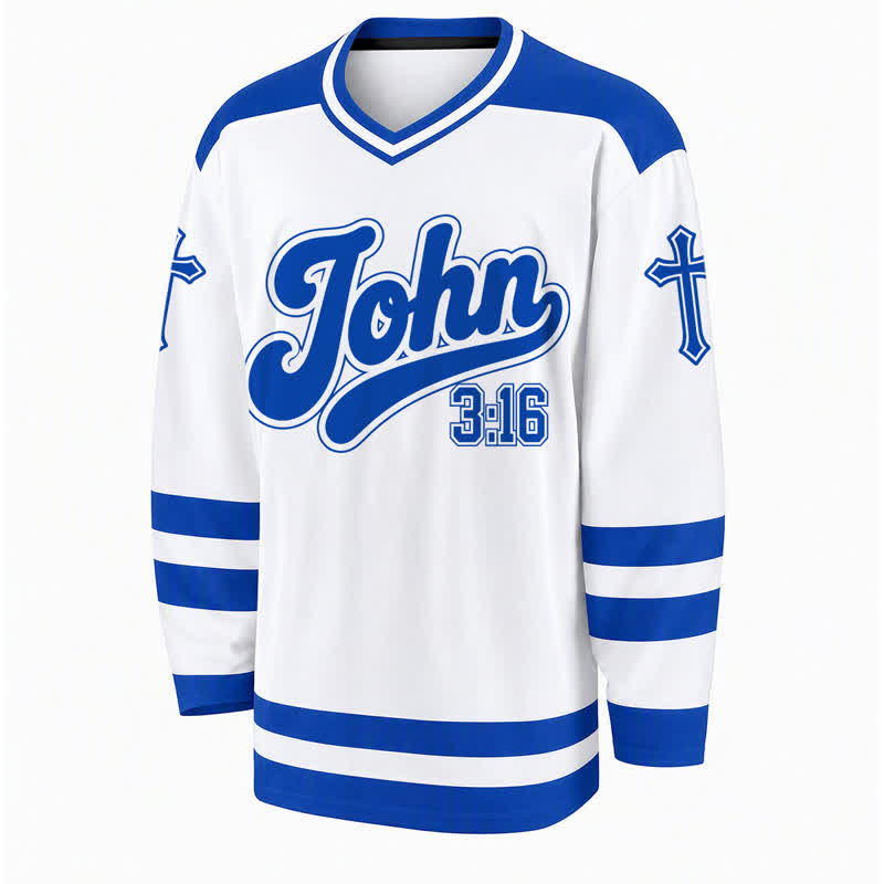 Christianartworkshop Juan 3:16 Salvación Camiseta de hockey de manga larga azul marino - image 1