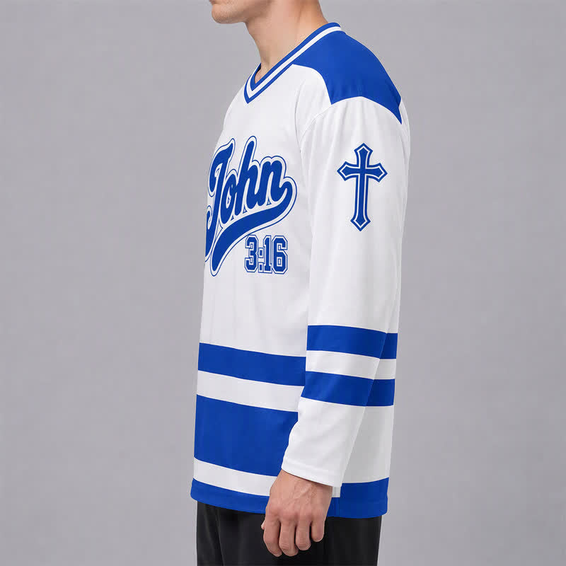 Christianartworkshop Juan 3:16 Salvación Camiseta de hockey de manga larga azul marino - image 5