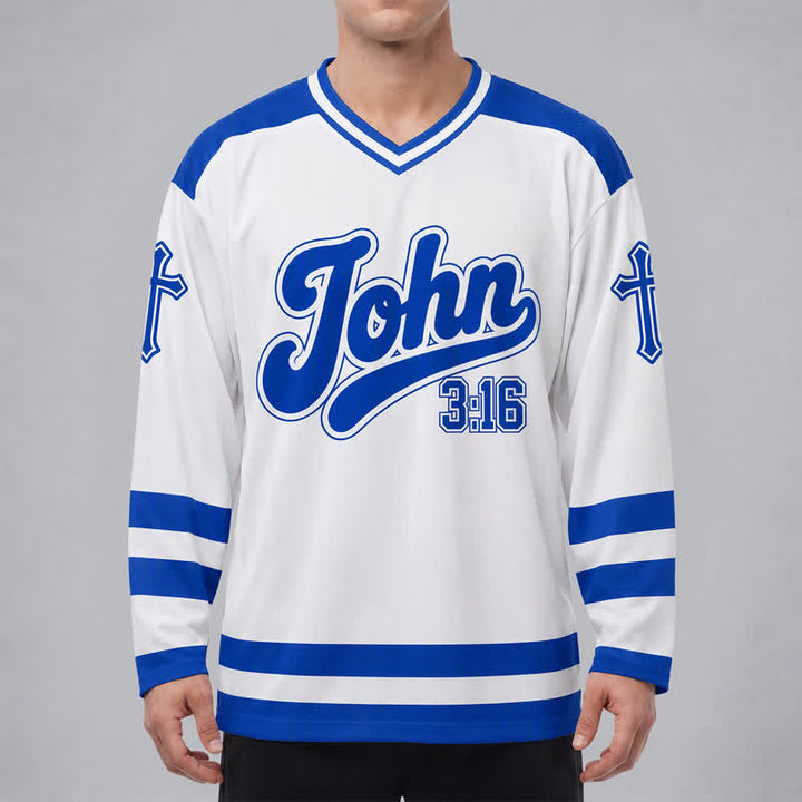 Christianartworkshop Juan 3:16 Salvación Camiseta de hockey de manga larga azul marino - image 3