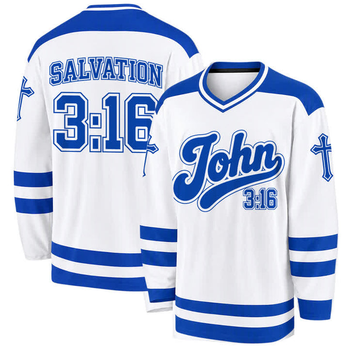 Christianartworkshop Juan 3:16 Salvación Camiseta de hockey de manga larga azul marino - 5XL - image 0