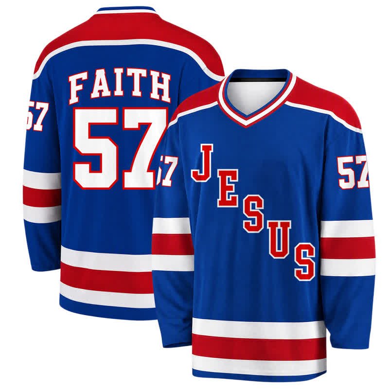 Christianartworkshop Camiseta de hockey de manga larga con rayas azules Jesus Faith 57 - 5XL - image 0