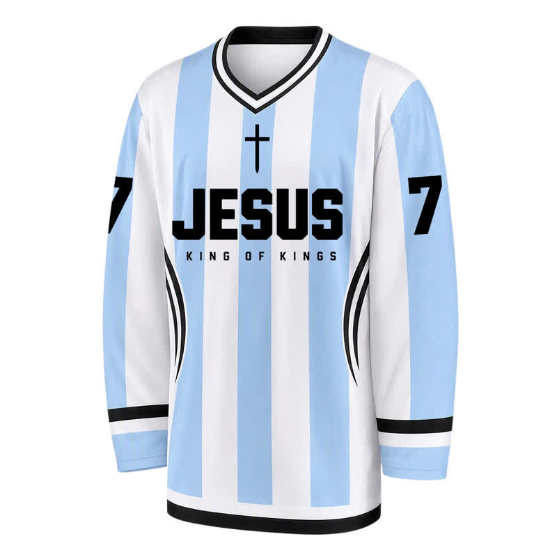 Christianartworkshop Camiseta de hockey de manga larga a rayas con la imagen de Jesús Rey de Reyes. - image 1