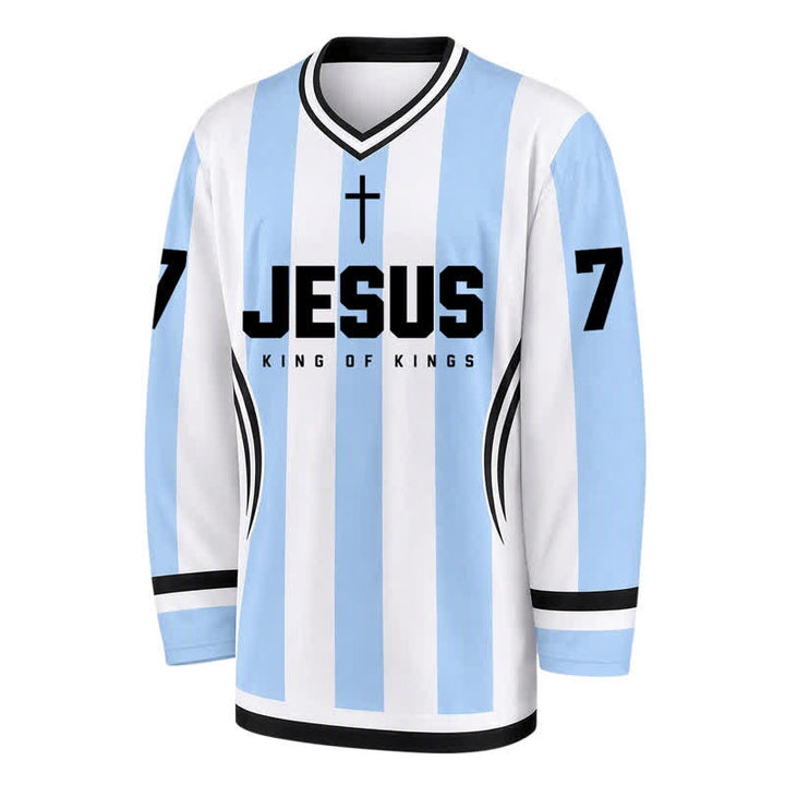 Christianartworkshop Camiseta de hockey de manga larga a rayas con la imagen de Jesús Rey de Reyes. - image 1