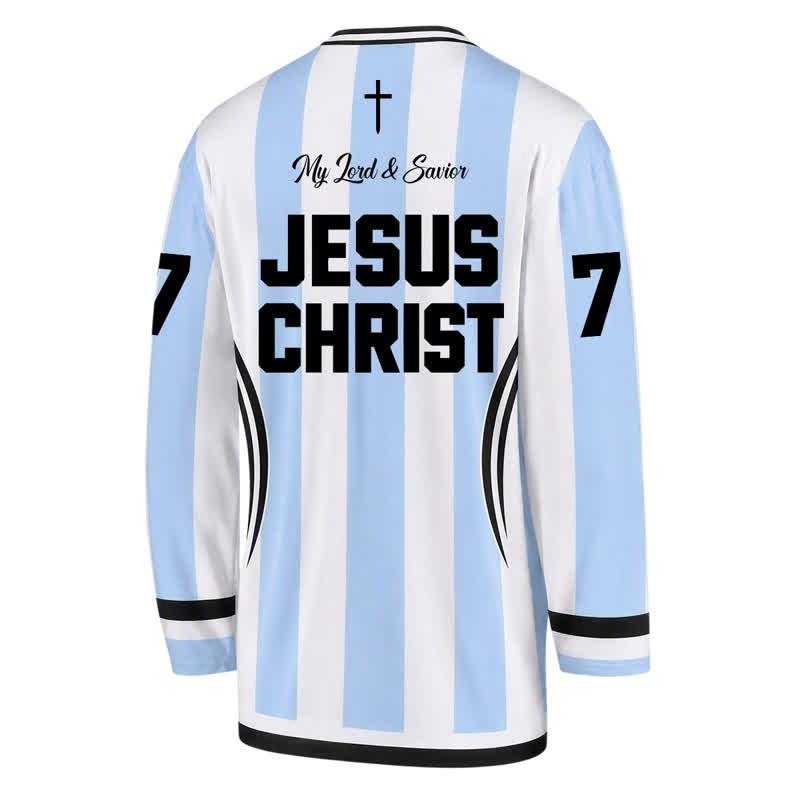 Christianartworkshop Camiseta de hockey de manga larga a rayas con la imagen de Jesús Rey de Reyes. - image 2