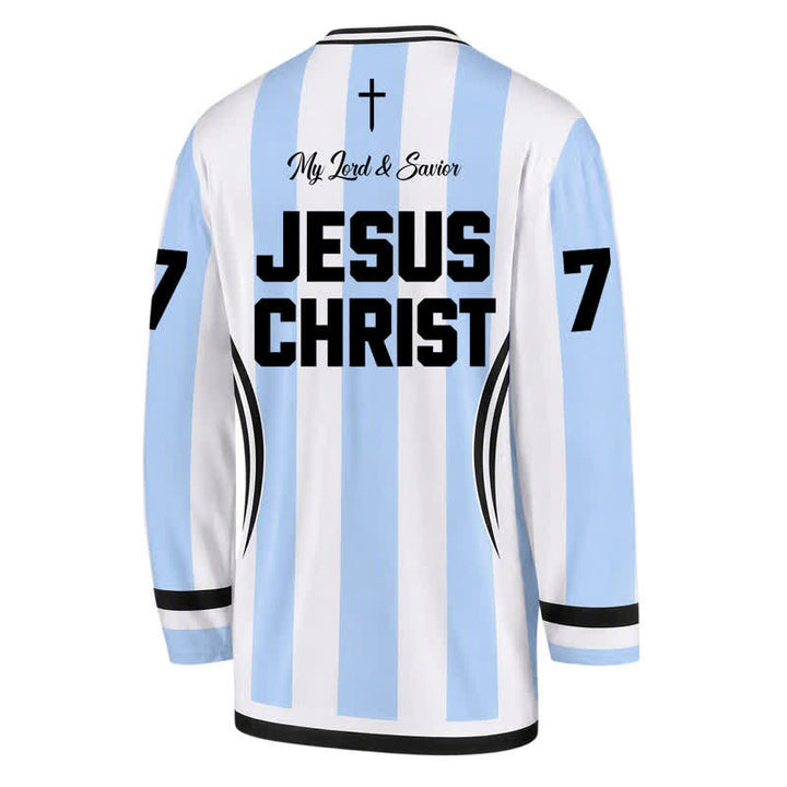 Christianartworkshop Camiseta de hockey de manga larga a rayas con la imagen de Jesús Rey de Reyes. - image 2