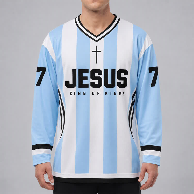 Christianartworkshop Camiseta de hockey de manga larga a rayas con la imagen de Jesús Rey de Reyes. - image 3