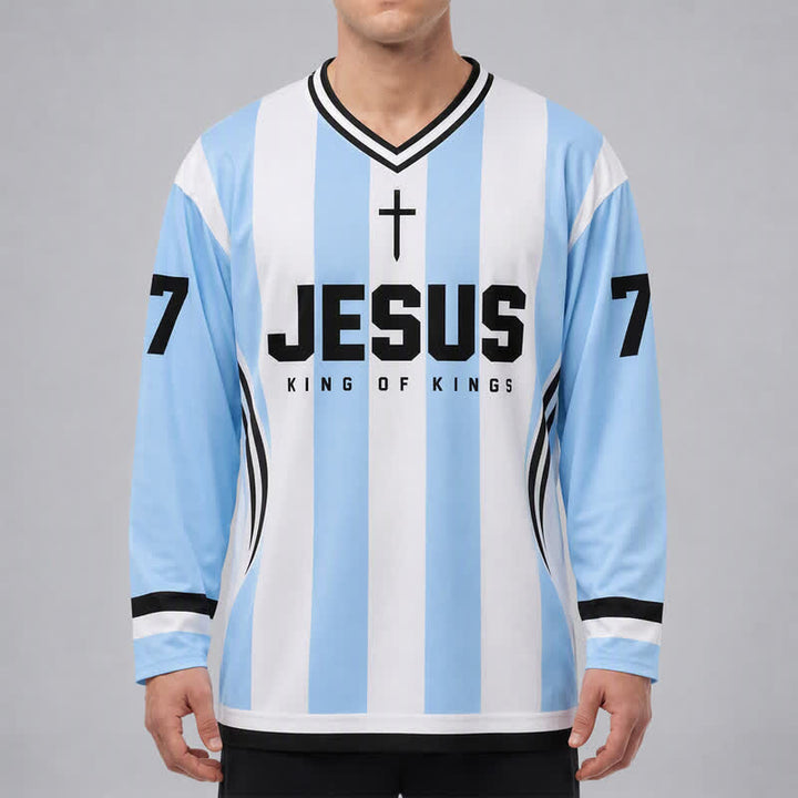Christianartworkshop Camiseta de hockey de manga larga a rayas con la imagen de Jesús Rey de Reyes. - image 3