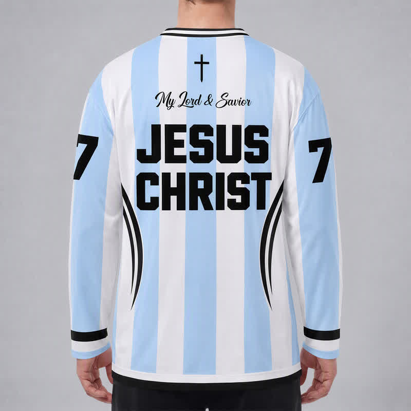 Christianartworkshop Camiseta de hockey de manga larga a rayas con la imagen de Jesús Rey de Reyes. - image 4