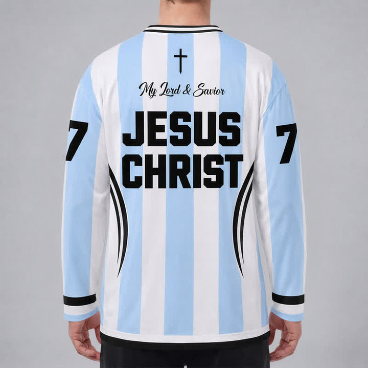 Christianartworkshop Camiseta de hockey de manga larga a rayas con la imagen de Jesús Rey de Reyes. - image 4