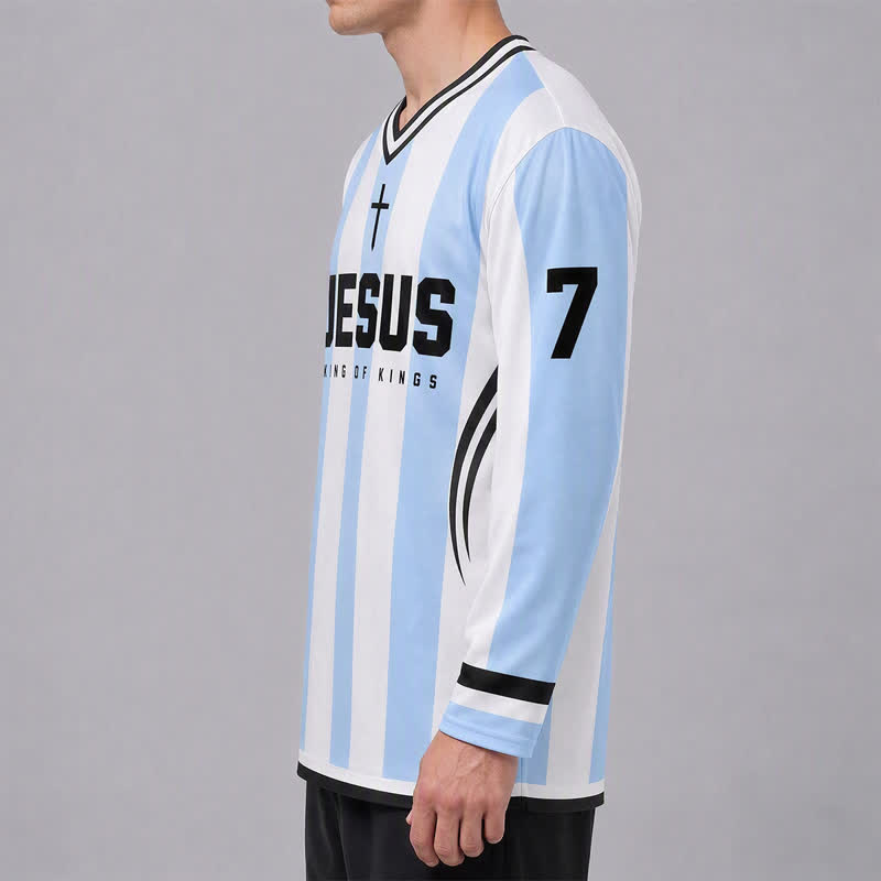 Christianartworkshop Camiseta de hockey de manga larga a rayas con la imagen de Jesús Rey de Reyes. - image 5