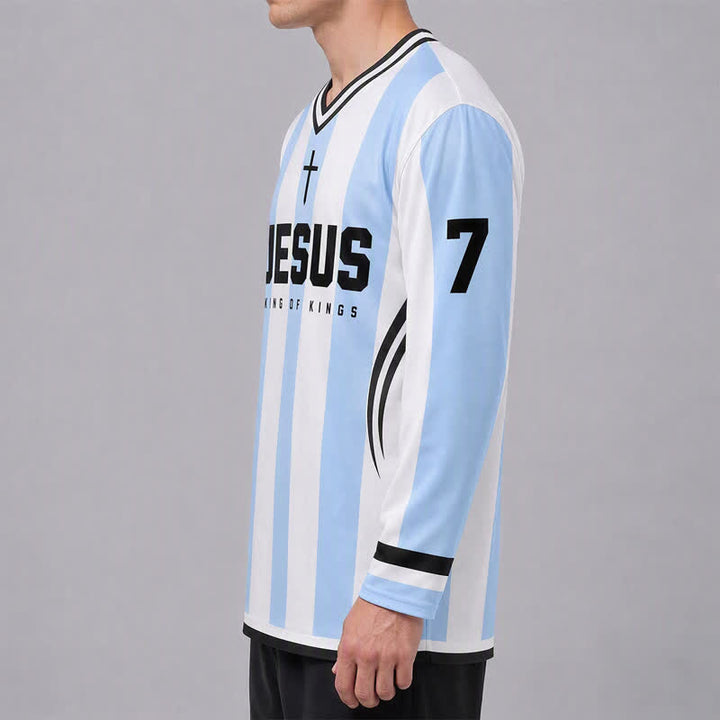 Christianartworkshop Camiseta de hockey de manga larga a rayas con la imagen de Jesús Rey de Reyes. - image 5