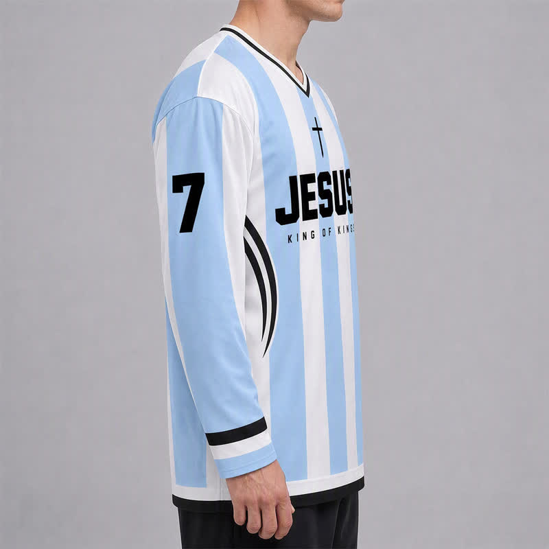 Christianartworkshop Camiseta de hockey de manga larga a rayas con la imagen de Jesús Rey de Reyes. - image 6