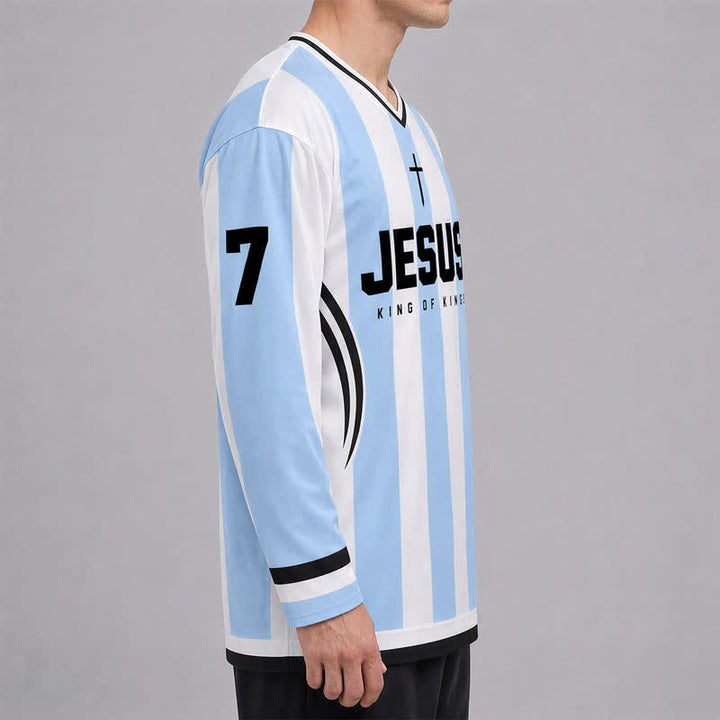 Christianartworkshop Camiseta de hockey de manga larga a rayas con la imagen de Jesús Rey de Reyes. - image 6