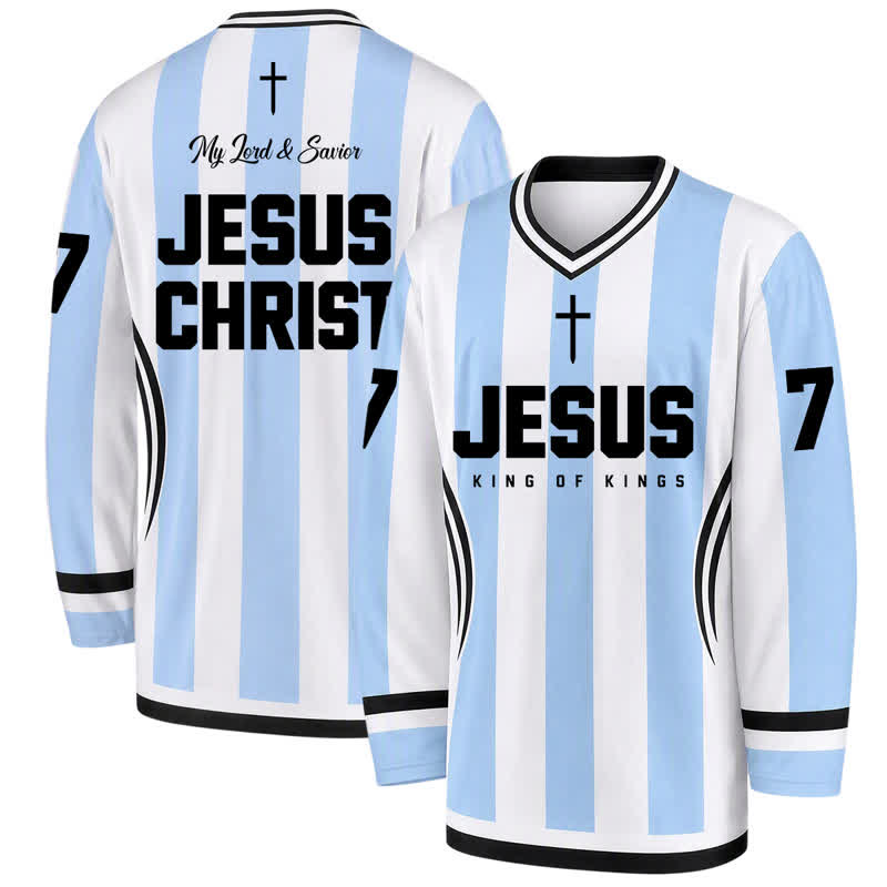 Christianartworkshop Camiseta de hockey de manga larga a rayas con la imagen de Jesús Rey de Reyes. - 5XL - image 0