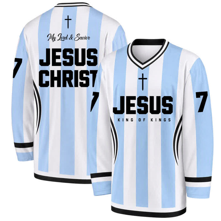 Christianartworkshop Camiseta de hockey de manga larga a rayas con la imagen de Jesús Rey de Reyes. - 5XL - image 0
