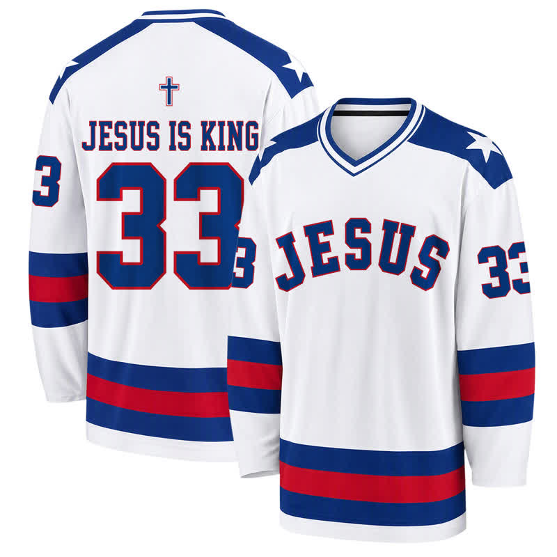 Christianartworkshop Camiseta de hockey de manga larga universitaria Jesus Is King 33 - 5XL - image 0