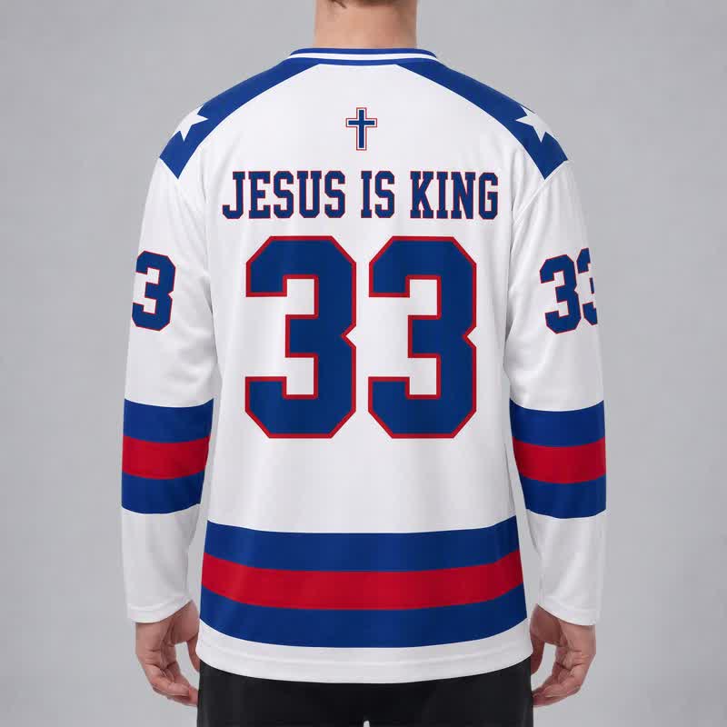 Christianartworkshop Camiseta de hockey de manga larga universitaria Jesus Is King 33 - image 4