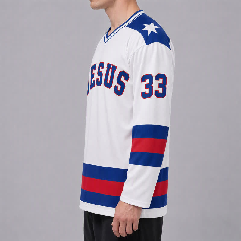 Christianartworkshop Camiseta de hockey de manga larga universitaria Jesus Is King 33 - image 5