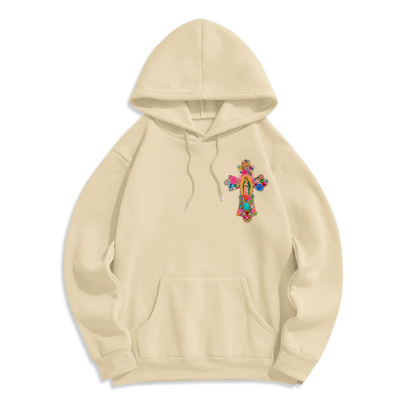 Christianartworkshop Sudadera con capucha de felpa color crema bordada con la Cruz de la Fe y flores. - Beige - 2XL - image 0