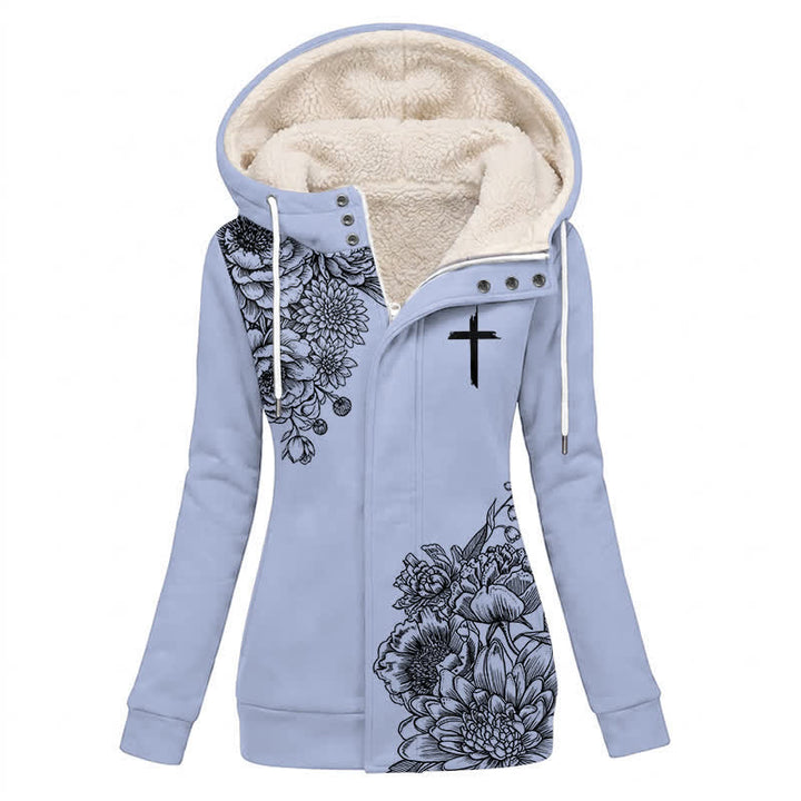 Christianartworkshop Chaqueta con capucha y estampado floral cruzado con forro polar acogedor. Abrigo de invierno para mujer. - US16, UK/AU20, EU48 (4XL) - image 0