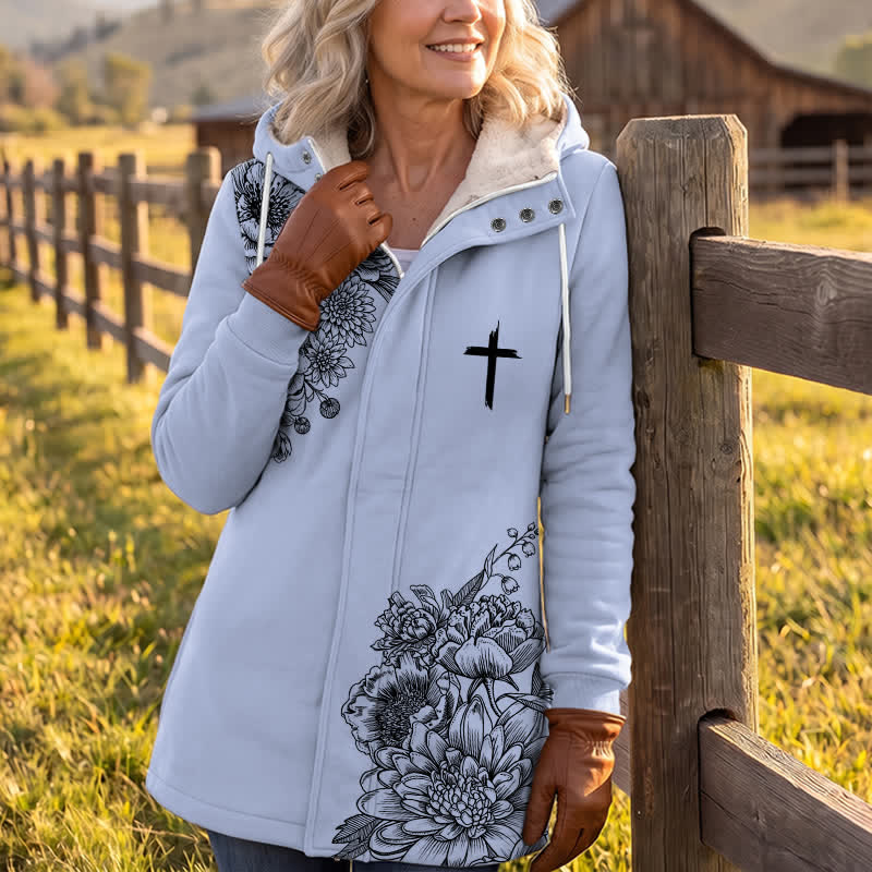 Christianartworkshop Chaqueta con capucha y estampado floral cruzado con forro polar acogedor. Abrigo de invierno para mujer. - image 3