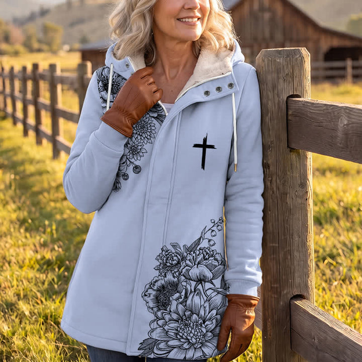 Christianartworkshop Chaqueta con capucha y estampado floral cruzado con forro polar acogedor. Abrigo de invierno para mujer. - image 3