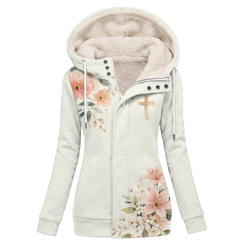 Christianartworkshop Chaqueta con capucha y estampado floral cruzado, abrigo de forro polar de invierno - US16, UK/AU20, EU48 (4XL) - image 0