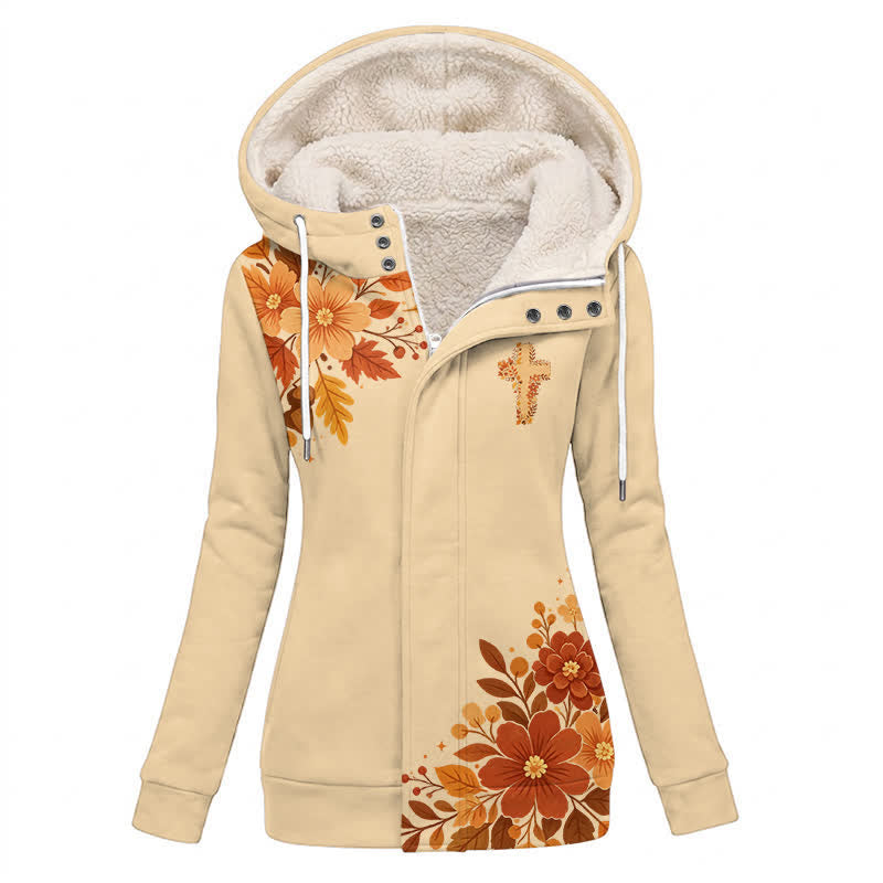 Christianartworkshop Abrigo de invierno cálido con capucha de forro polar con estampado floral color crema - US16, UK/AU20, EU48 (4XL) - image 0