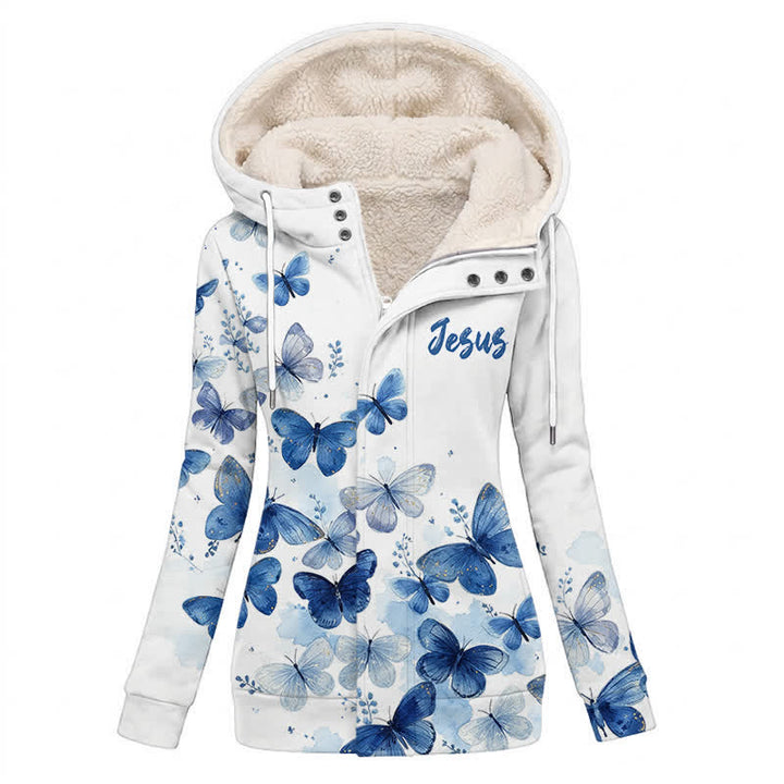Christianartworkshop Chaqueta de invierno con capucha de forro polar con mariposa azul y Jesús. - US16, UK/AU20, EU48 (4XL) - image 0