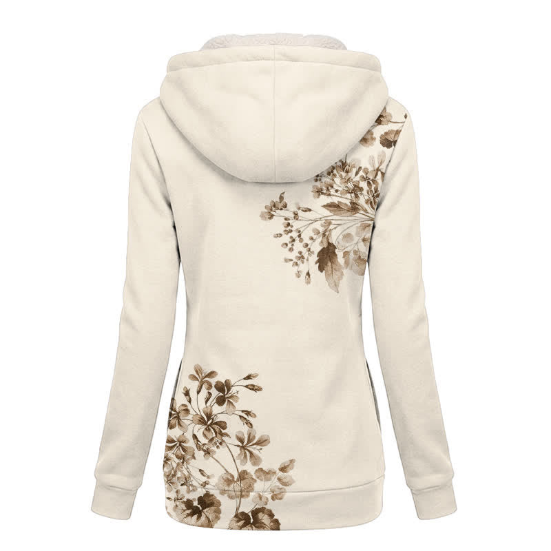Christianartworkshop Chaqueta de invierno de forro polar con capucha y diseño de estampado floral y de madera en tonos beige y marrón. - image 1