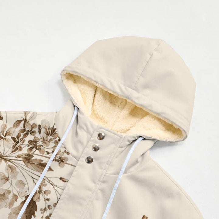 Christianartworkshop Chaqueta de invierno de forro polar con capucha y diseño de estampado floral y de madera en tonos beige y marrón. - image 4