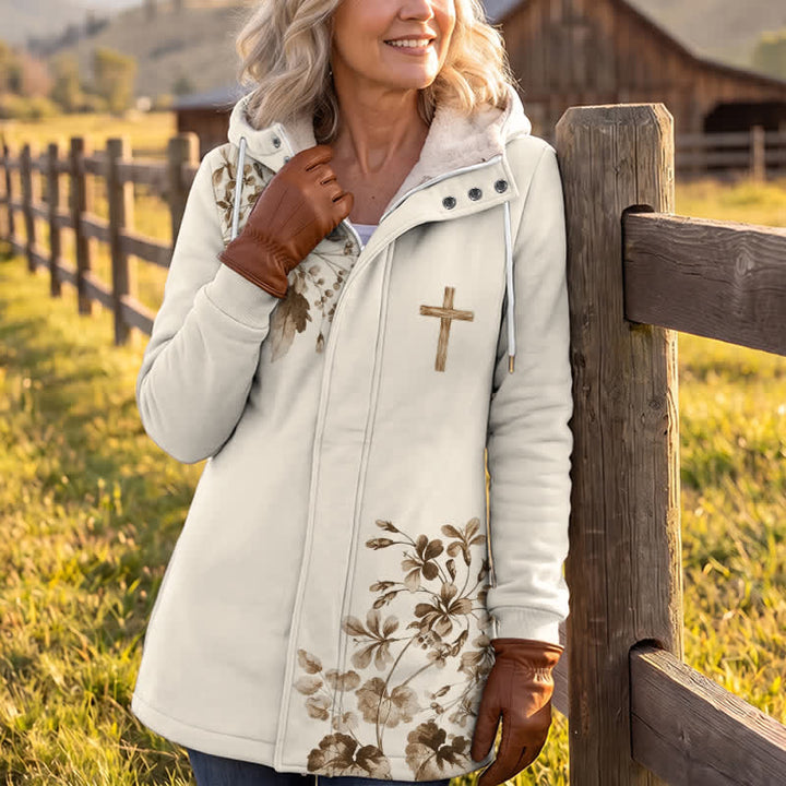 Christianartworkshop Chaqueta de invierno de forro polar con capucha y diseño de estampado floral y de madera en tonos beige y marrón. - image 3