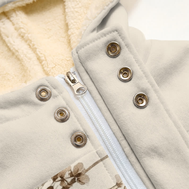 Christianartworkshop Chaqueta de invierno de forro polar con capucha y diseño de estampado floral y de madera en tonos beige y marrón. - image 5