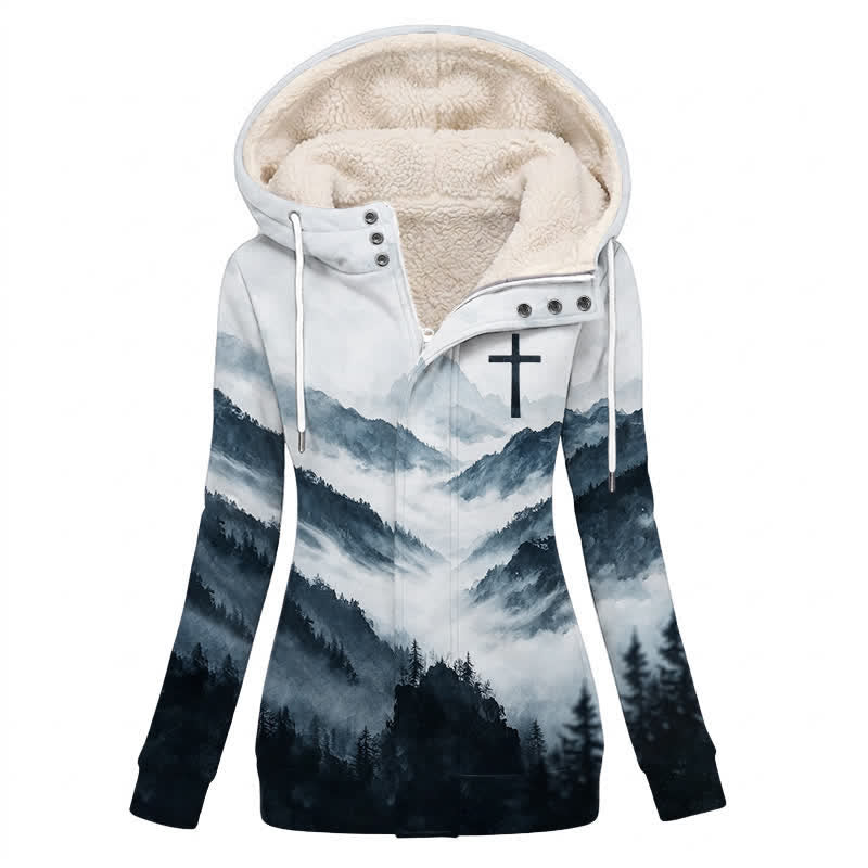 Christianartworkshop Chaqueta de invierno con capucha y forro polar de Misty Mountain Cross en tonos fríos. - US16, UK/AU20, EU48 (4XL) - image 0