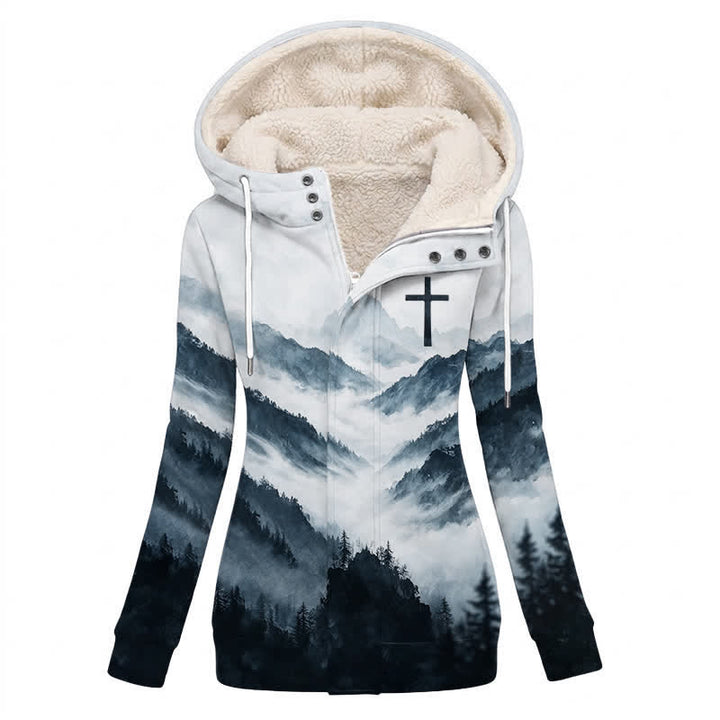 Christianartworkshop Chaqueta de invierno con capucha y forro polar de Misty Mountain Cross en tonos fríos. - US16, UK/AU20, EU48 (4XL) - image 0