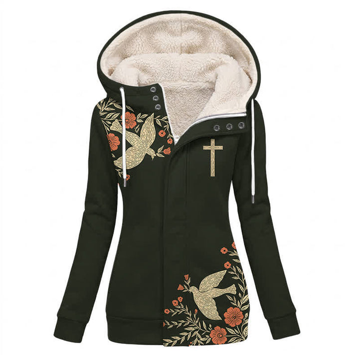 Christianartworkshop Chaqueta de invierno de forro polar con capucha, cruz floral negra y Espíritu Santo. - US16, UK/AU20, EU48 (4XL) - image 0