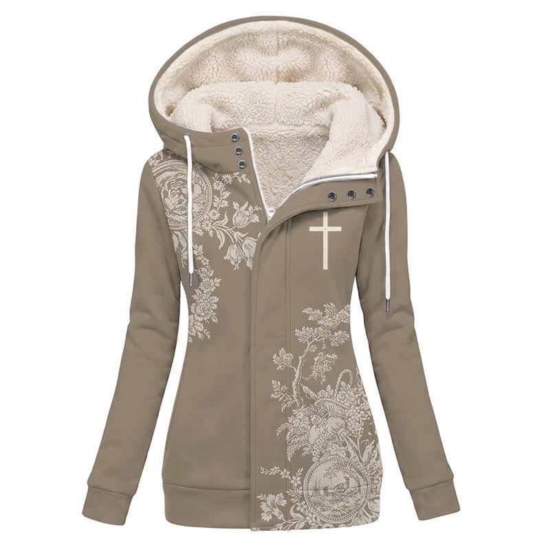 Christianartworkshop Chaqueta de invierno con capucha de forro polar cruzado con estampado floral vintage color topo. - US16, UK/AU20, EU48 (4XL) - image 0