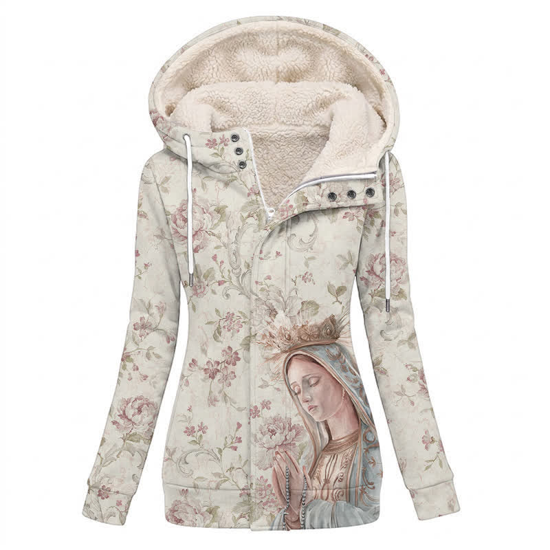 Christianartworkshop Chaqueta de invierno con capucha y forro polar, con icono de la Virgen María y rosa, estilo vintage. - US16, UK/AU20, EU48 (4XL) - image 0