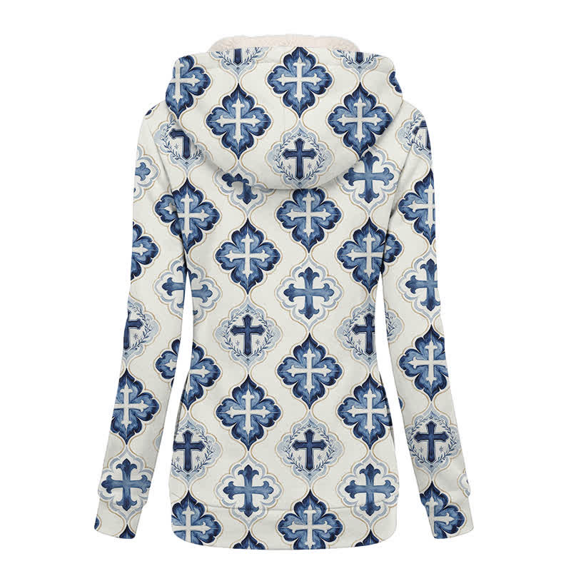 Christianartworkshop Chaqueta de invierno de forro polar con capucha cruzada estilo azul azulado - image 1