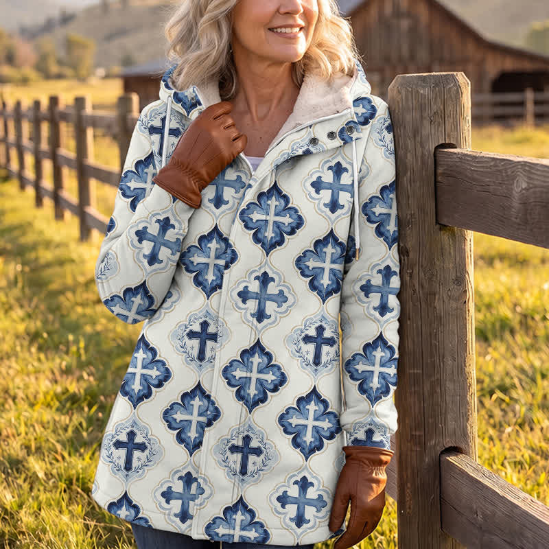 Christianartworkshop Chaqueta de invierno de forro polar con capucha cruzada estilo azul azulado - image 3
