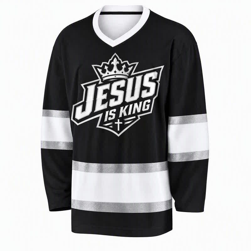 Christianartworkshop Camiseta de hockey urbana negra con el lema "Jesús es Rey" - image 1