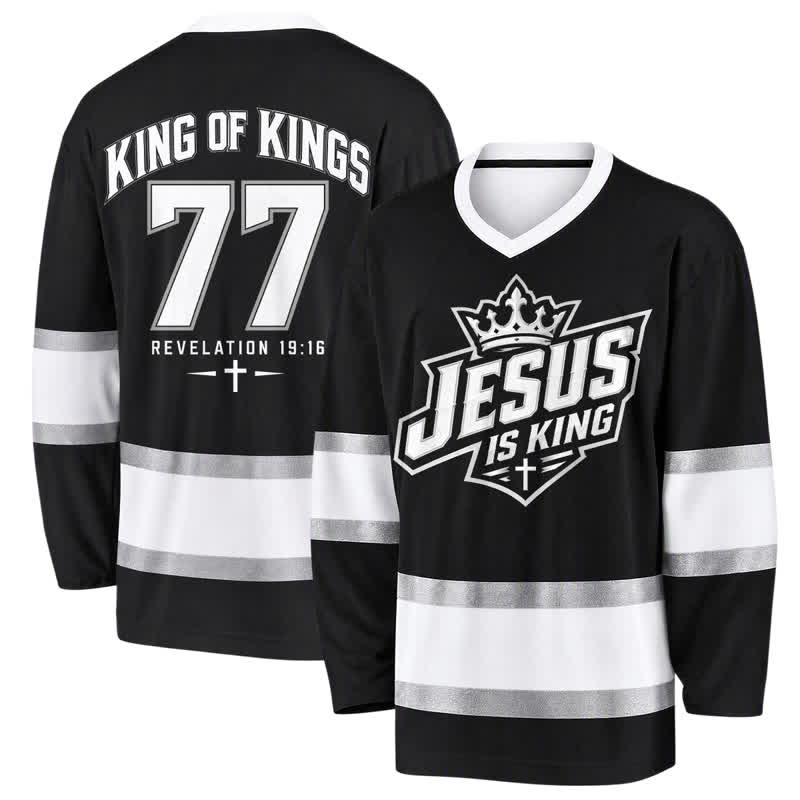 Christianartworkshop Camiseta de hockey urbana negra con el lema "Jesús es Rey" - 5XL - image 0