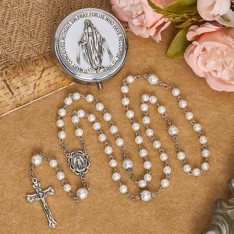 Christianartworkshop Kit de almacenamiento para rosario de Nuestra Señora, elaborado en aleación ornamentada y perlas: símbolo de protección celestial inquebrantable. - Blanco - image 9