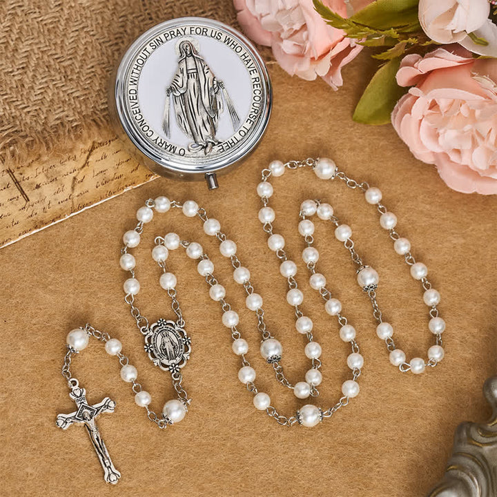 Christianartworkshop Kit de almacenamiento para rosario de Nuestra Señora, elaborado en aleación ornamentada y perlas: símbolo de protección celestial inquebrantable. - Blanco - image 9