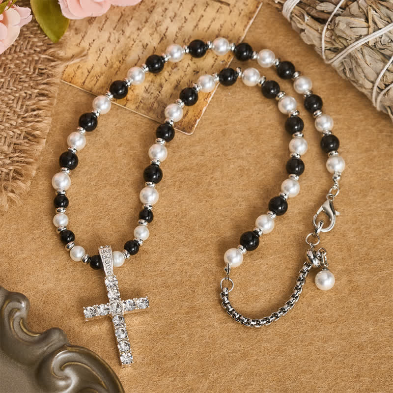 Christianartworkshop Collar con colgante de cruz de perlas brillantes pulidas: símbolo de guía celestial constante. - image 1