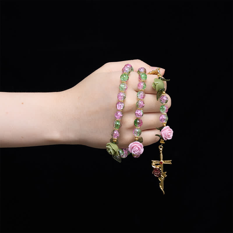 Christianartworkshop Rosario de la Virgen María con cuentas de vidrio facetadas craqueladas en rosa y verde, diseño floral de rosa y cruz. - image 1